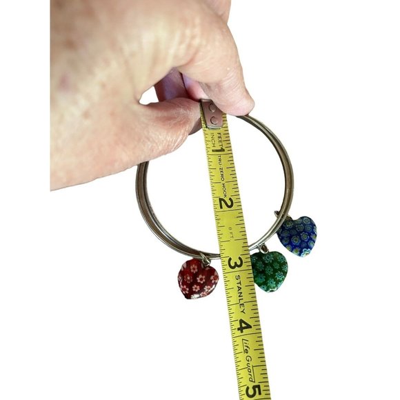 Silver Tone Bangle Bracelet Lot of 3 each with Glass Hearts Blue Green & Red - Picture 3 of 4